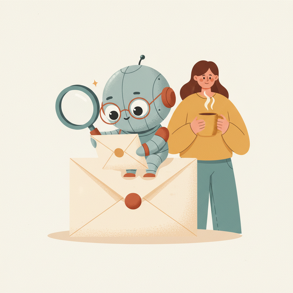An AI robot inspecting an email envelope with a magnifying glass while a person looks on.