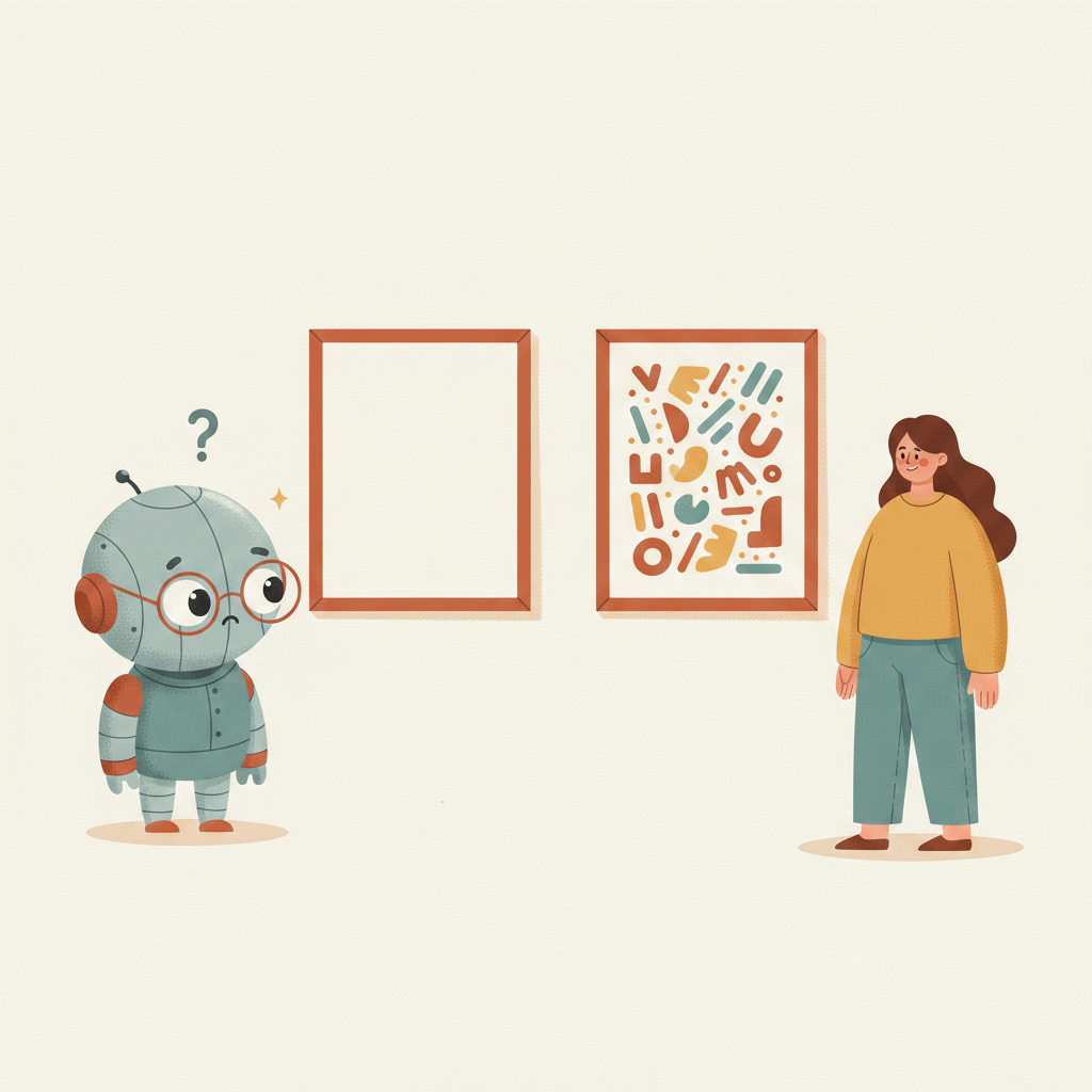 A robot puzzled by a blank frame while a person views a full picture, showing how the AI sees a different version of your email.