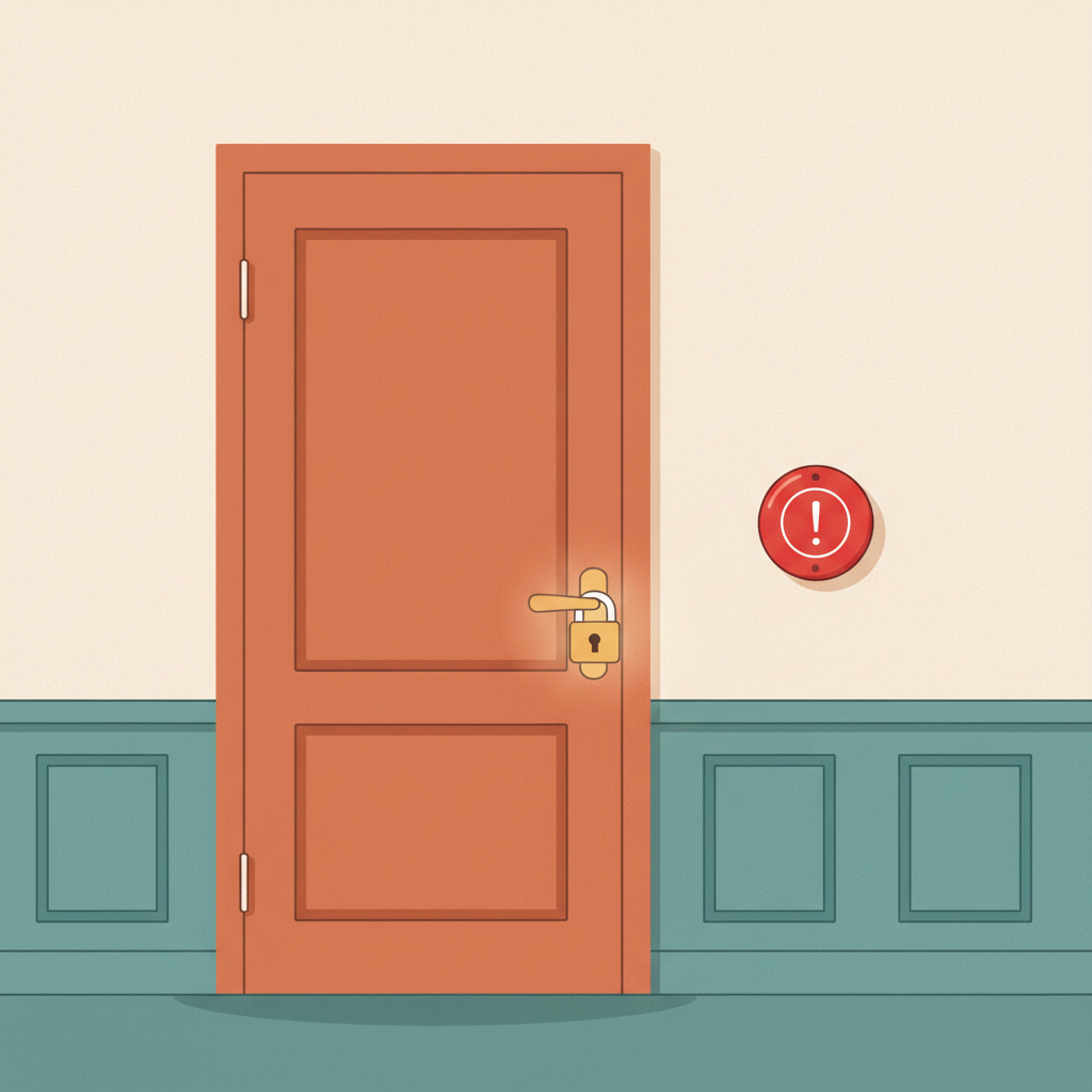 A closed door with a red alert badge beside it, representing a blocked or risky exit.