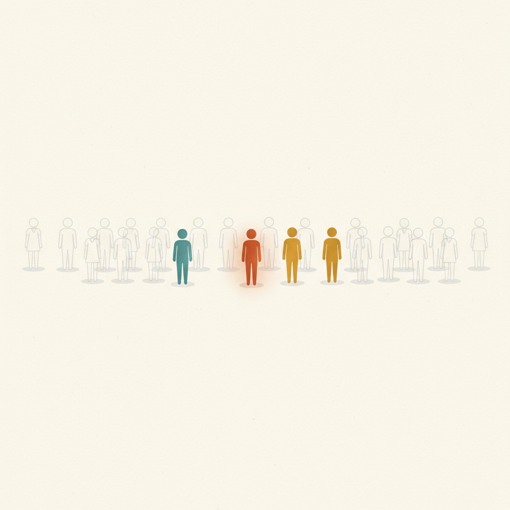 A crowd of faded figures with a few highlighted in color, representing the few real human signals among machine noise.